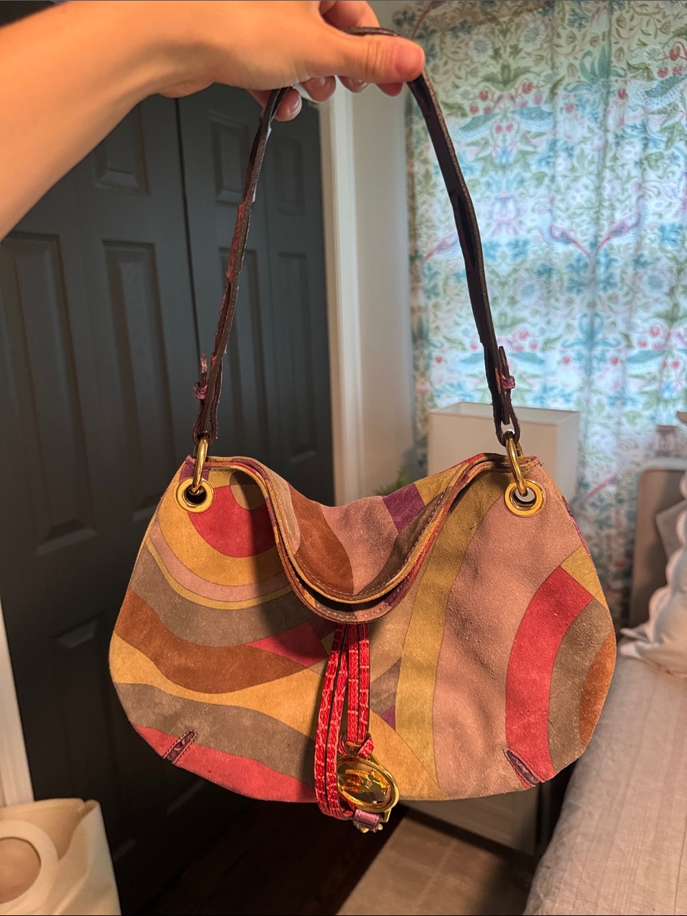 Vintage Multi-Color Suede Hobo Shoulder Bag